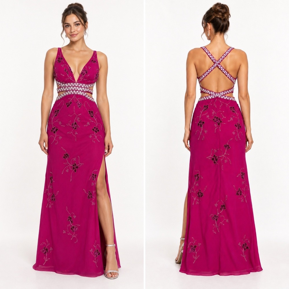 Silk Y2K Formal Gown XXS Magenta Beaded Rhinestone Cut-Out Formal Dress
